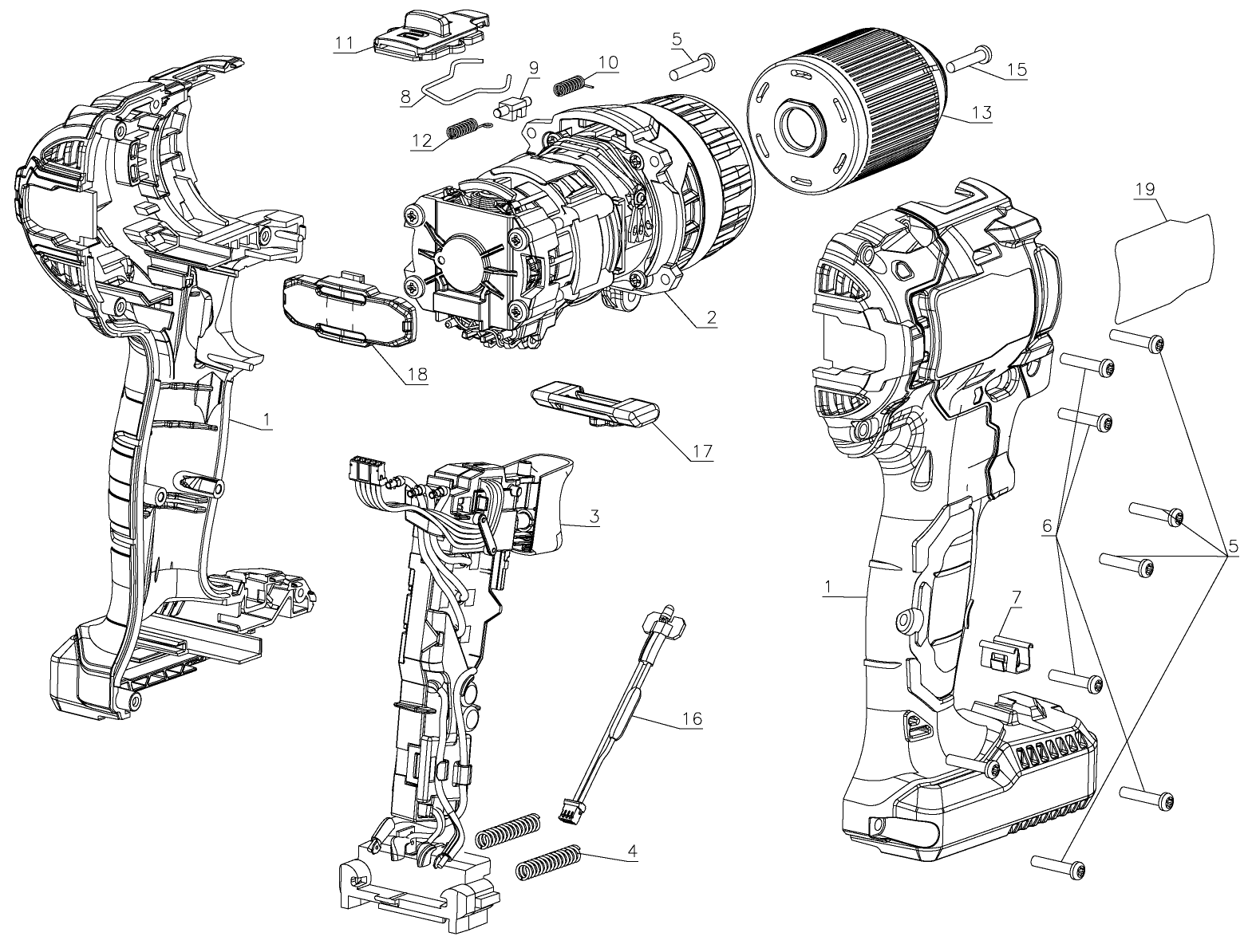 Default Diagram and Parts List for PCC608LB Type 1 Porter Cable Boring Machine